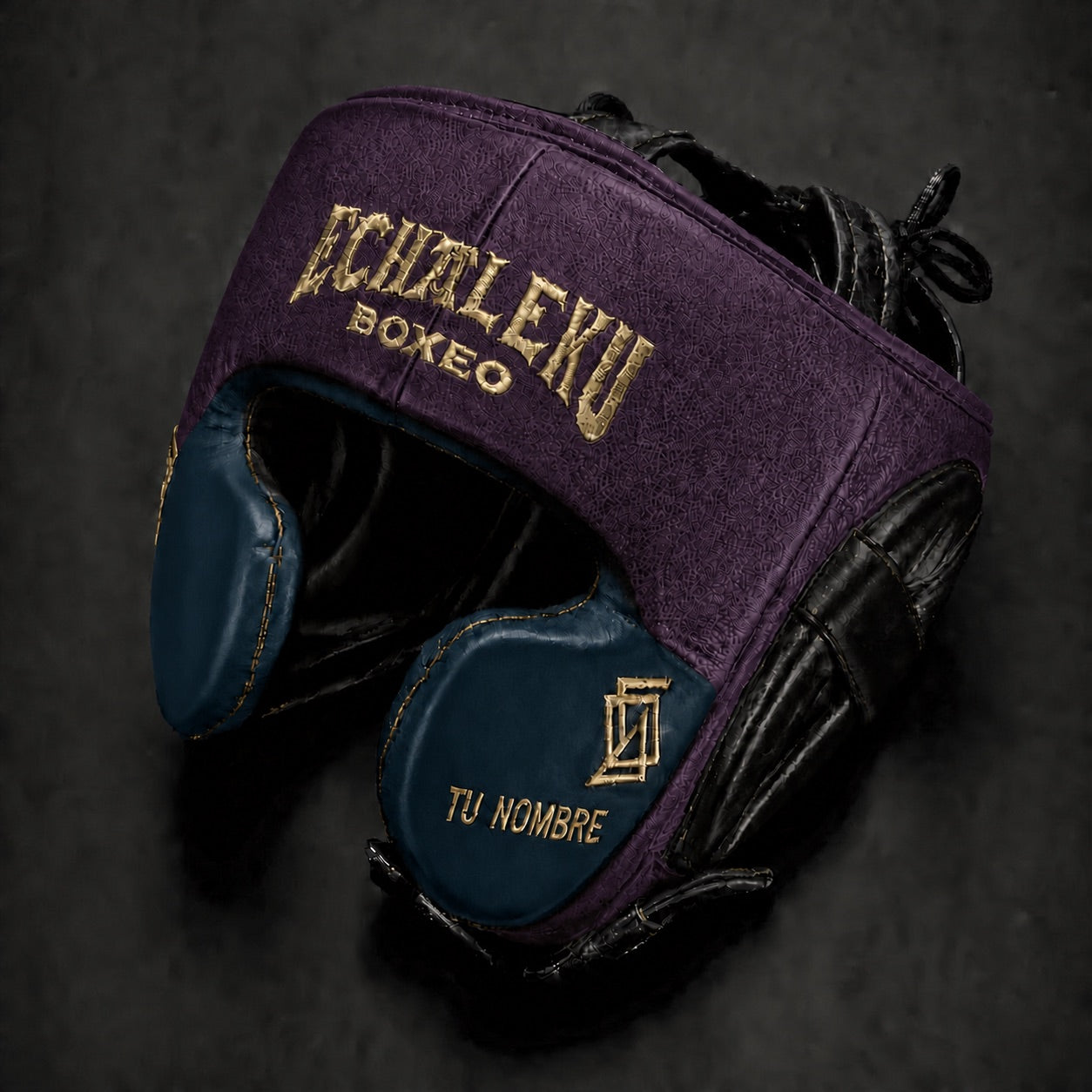 Casco de boxeo de pómulos personalizado Echaleku Boxeo ciruela, azul petróleo y negro con TU NOMBRE