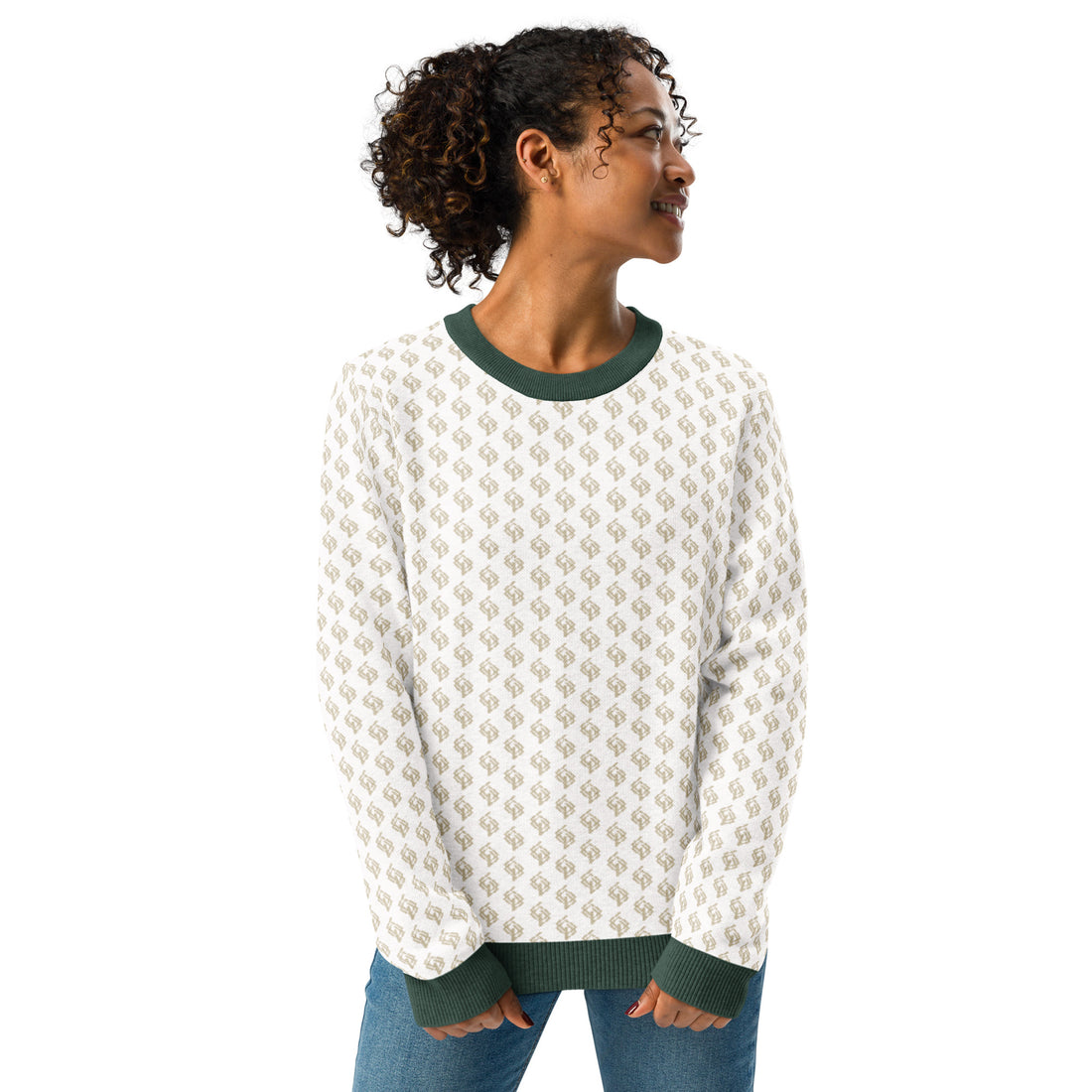 Jersey clásico de punto con cuello redondo blanco y verde