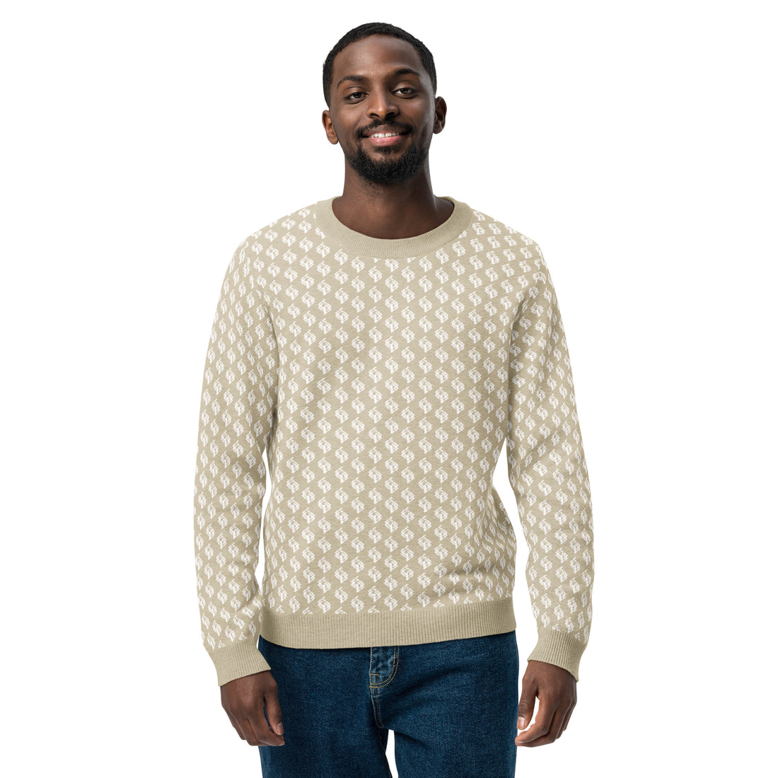 Jersey clásico de punto con cuello redondo beige y blanco