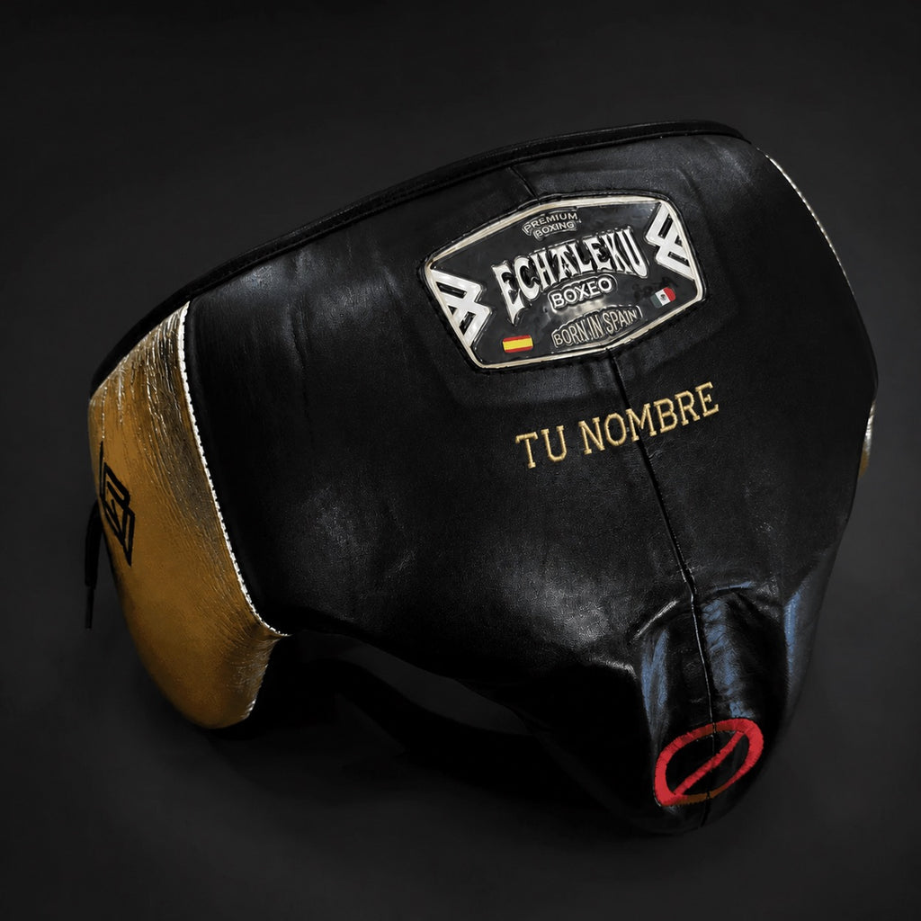 Coquilla de boxeo personalizada Echaleku Boxeo negra y oro con TU NOMBRE