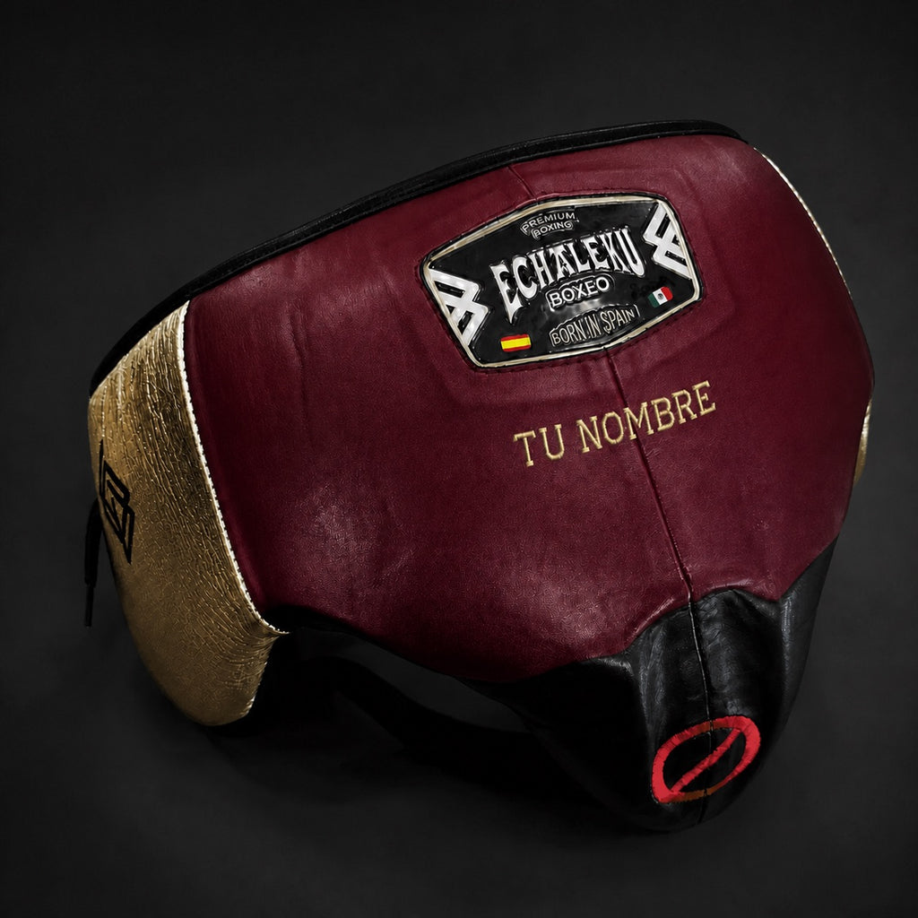 Coquilla de boxeo personalizada Echaleku Boxeo burdeos, negro y oro con TU NOMBRE