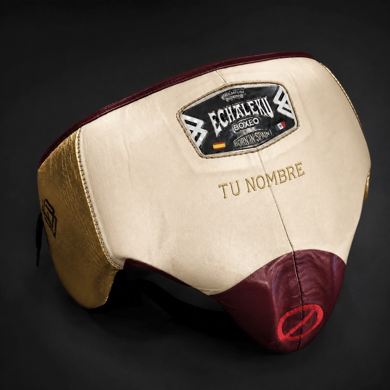 Coquilla de boxeo personalizada Echaleku Boxeo marfil, burdeos y oro con TU NOMBRE