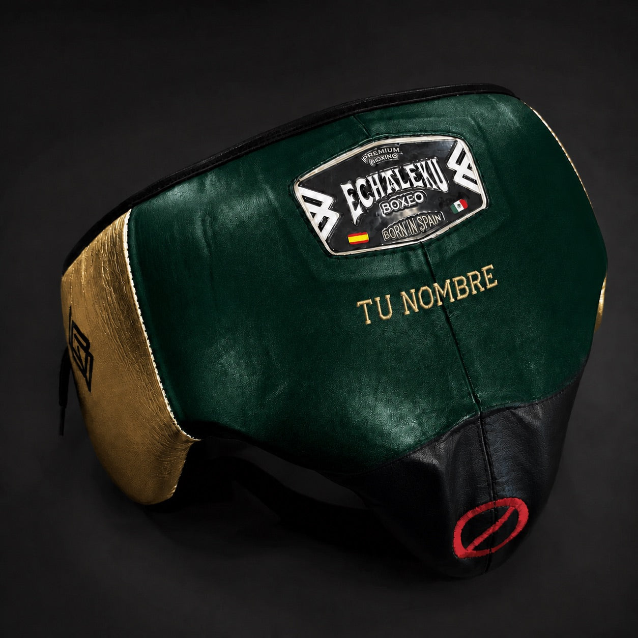 Coquilla de boxeo personalizada Echaleku Boxeo verde esmeralda, negro y oro con TU NOMBRE