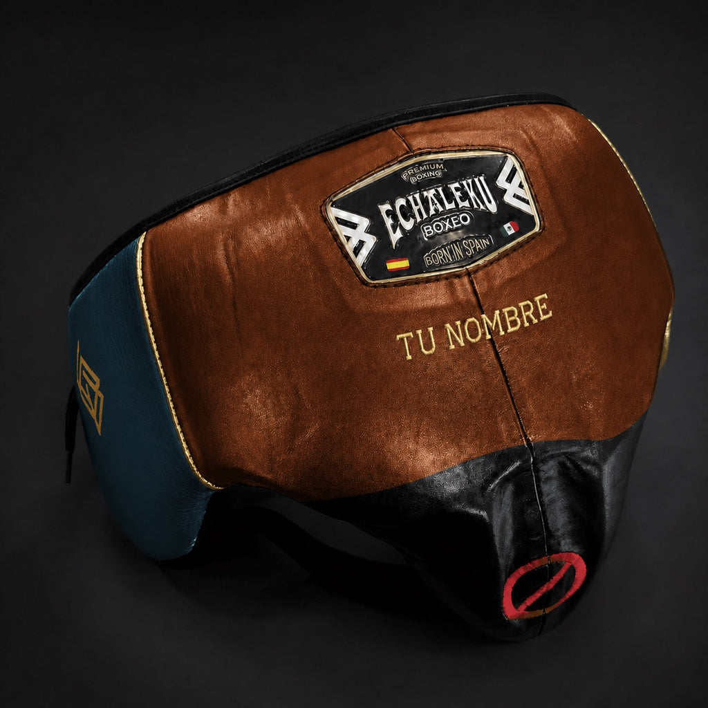 Coquilla de boxeo personalizada Echaleku Boxeo coñac, negro y azul petróleo con TU NOMBRE