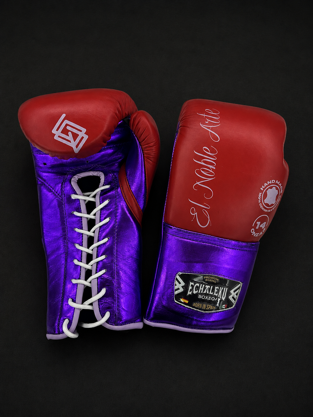 Guantes de boxeo de cuerdas Guanajuato Sangre Púrpura, vista del dorso y el cierre