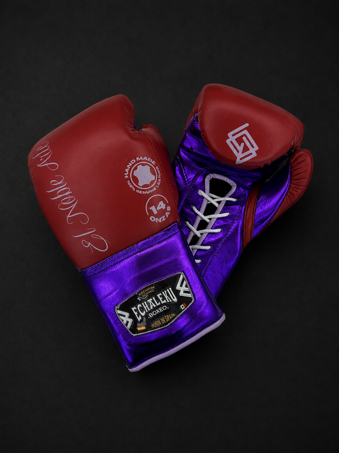 Guantes de boxeo de cuerdas Guanajuato Sangre Púrpura, vista diagonal del par