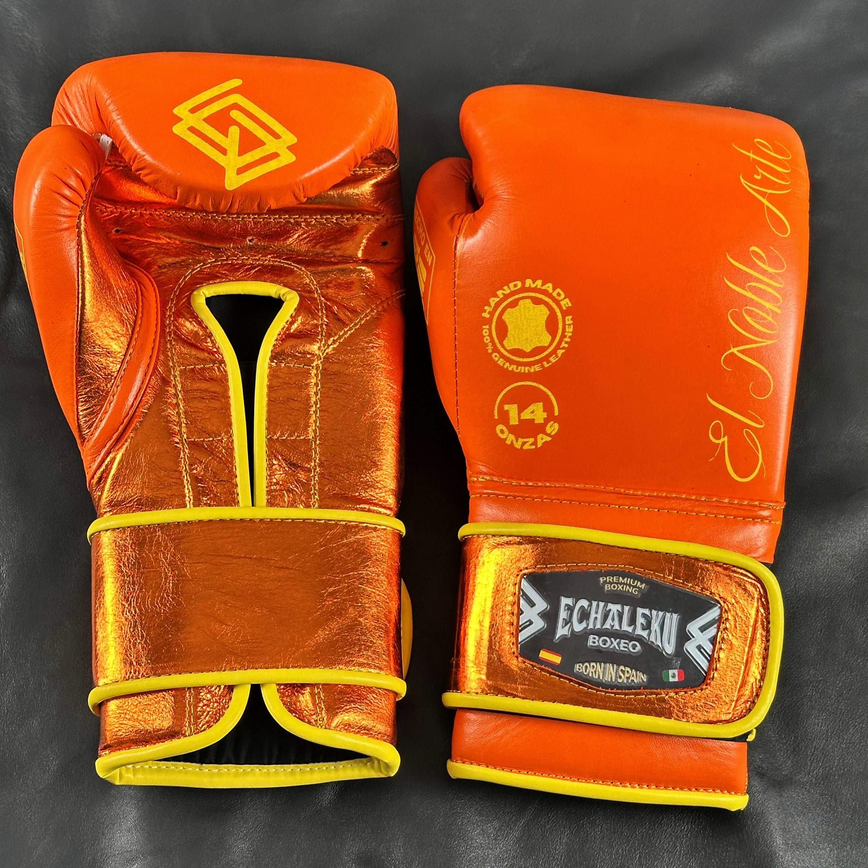 Guantes de boxeo Guanajuato Teja Coral de Echaleku Boxeo, vista frontal y posterior