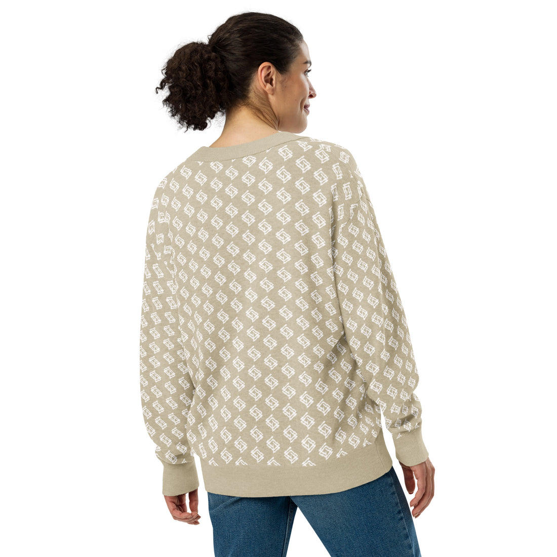 Cardigan de punto V-neck beige y blanco