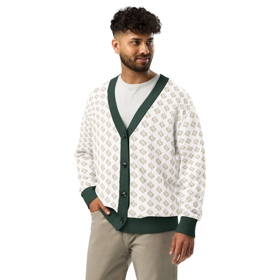 Cárdigan de punto V-neck blanco y verde