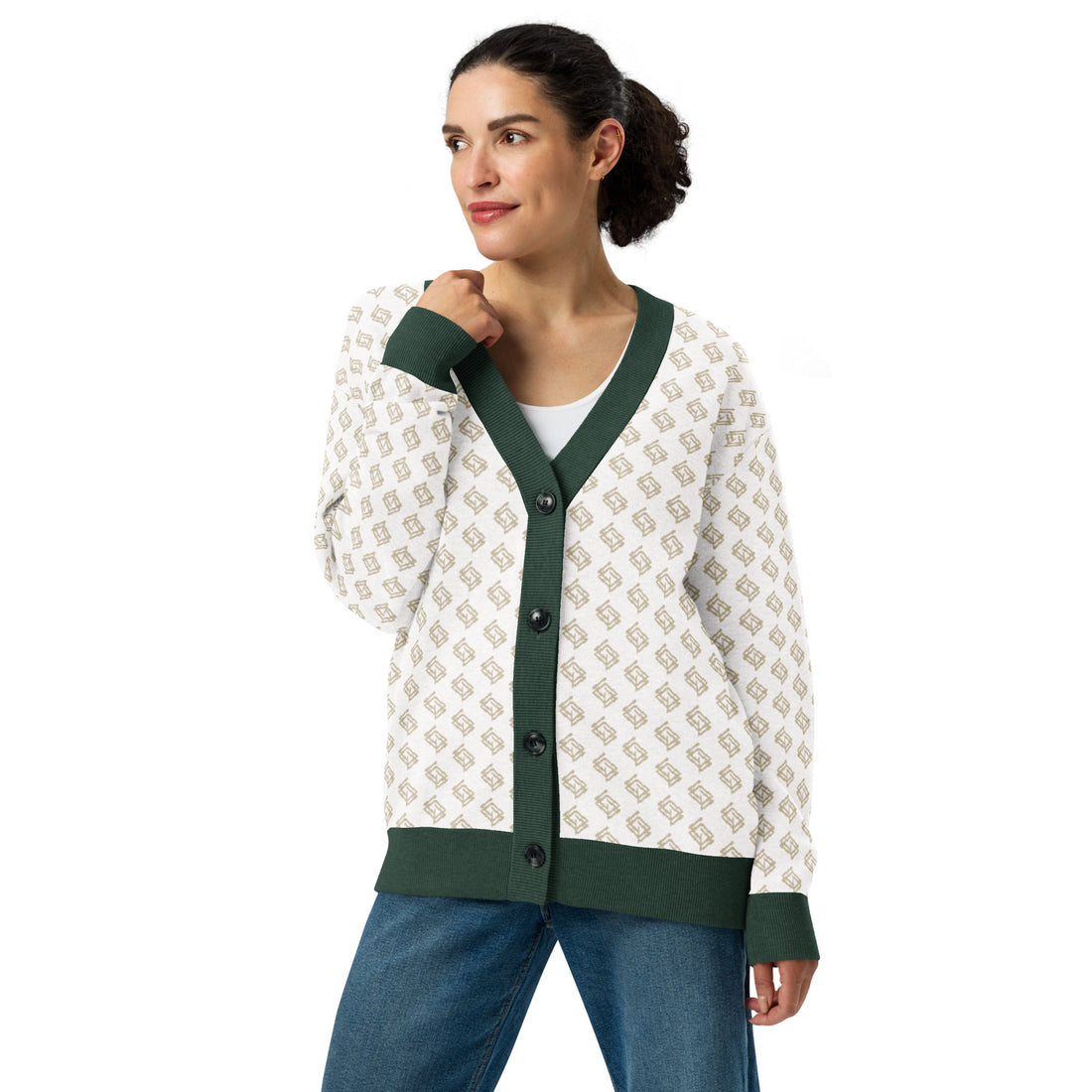 Cárdigan de punto V-neck blanco y verde