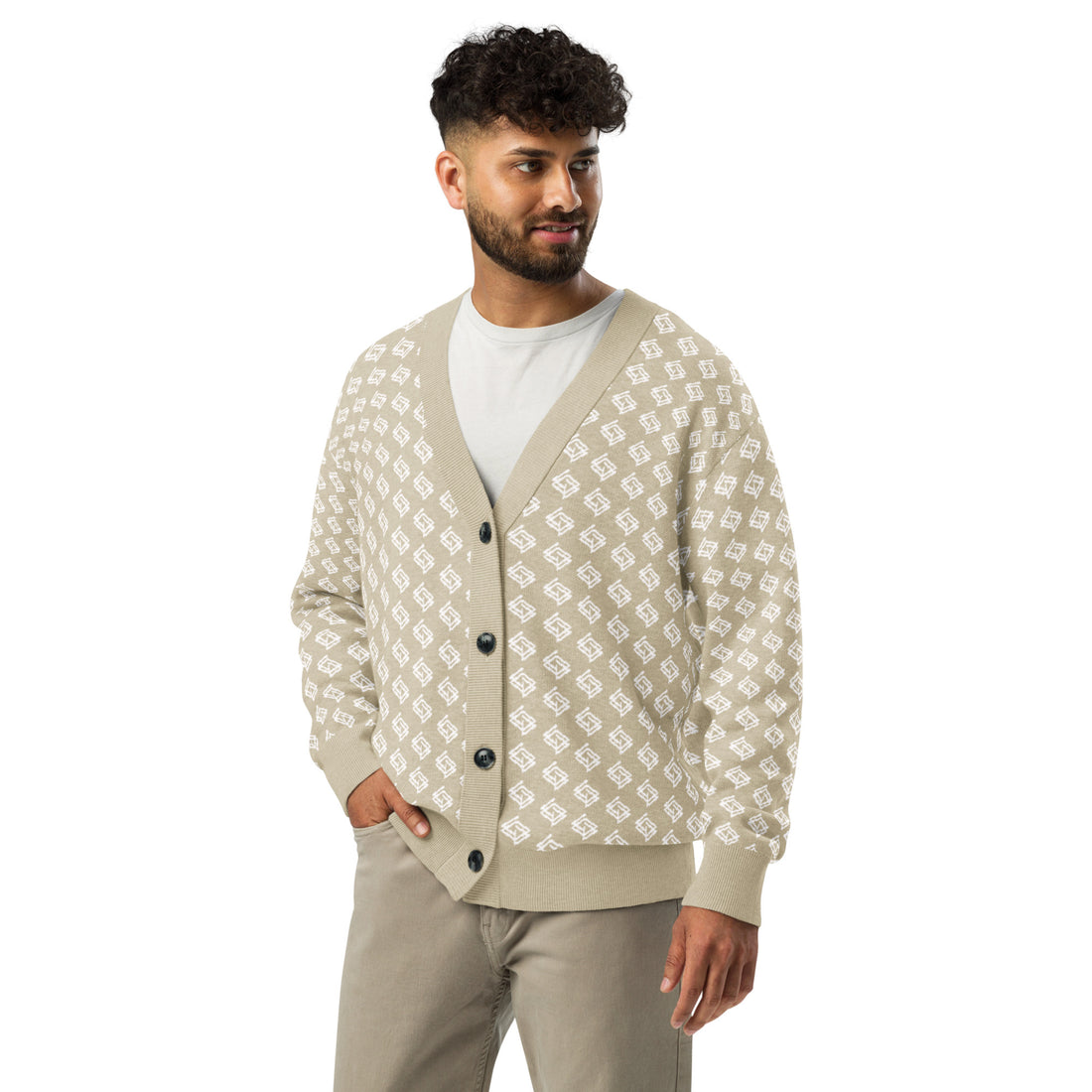 Cardigan de punto V-neck beige y blanco