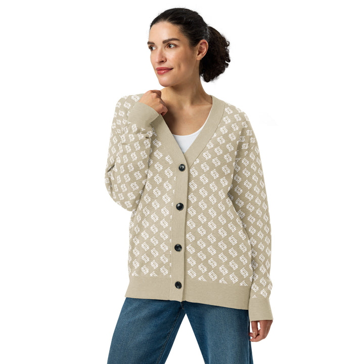 Cardigan de punto V-neck beige y blanco