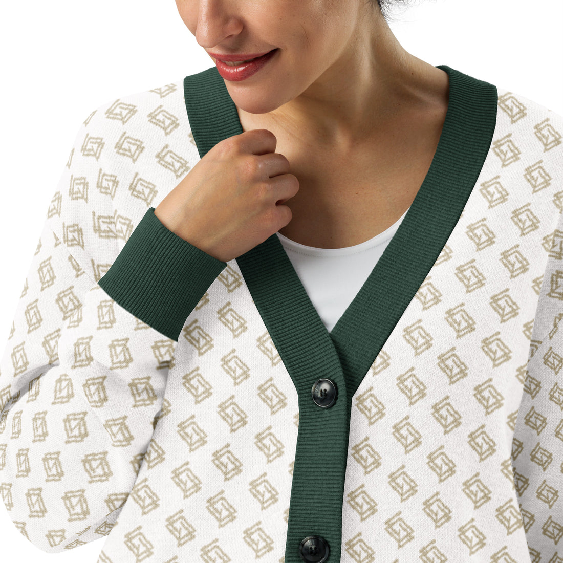 Cárdigan de punto V-neck blanco y verde