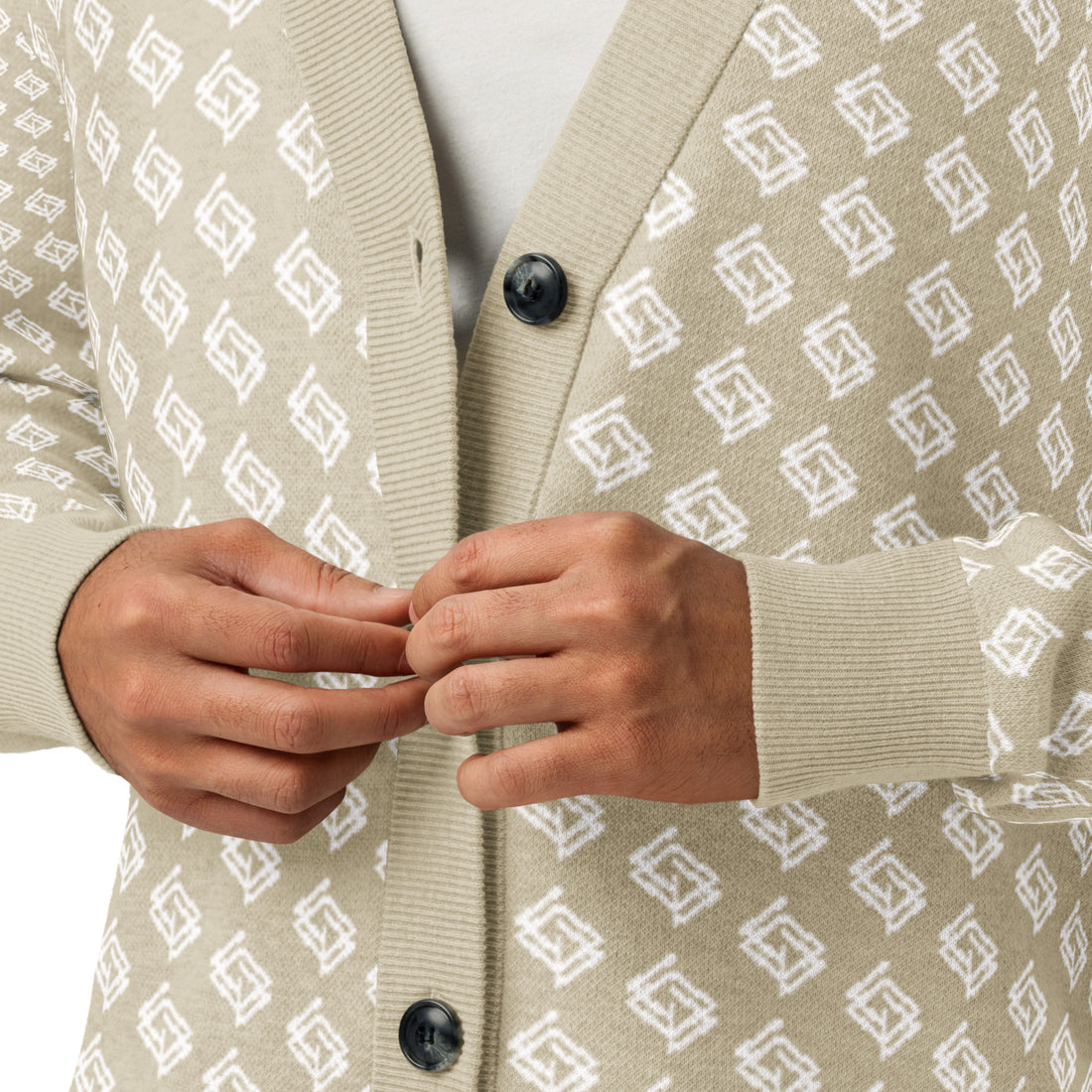 Cardigan de punto V-neck beige y blanco
