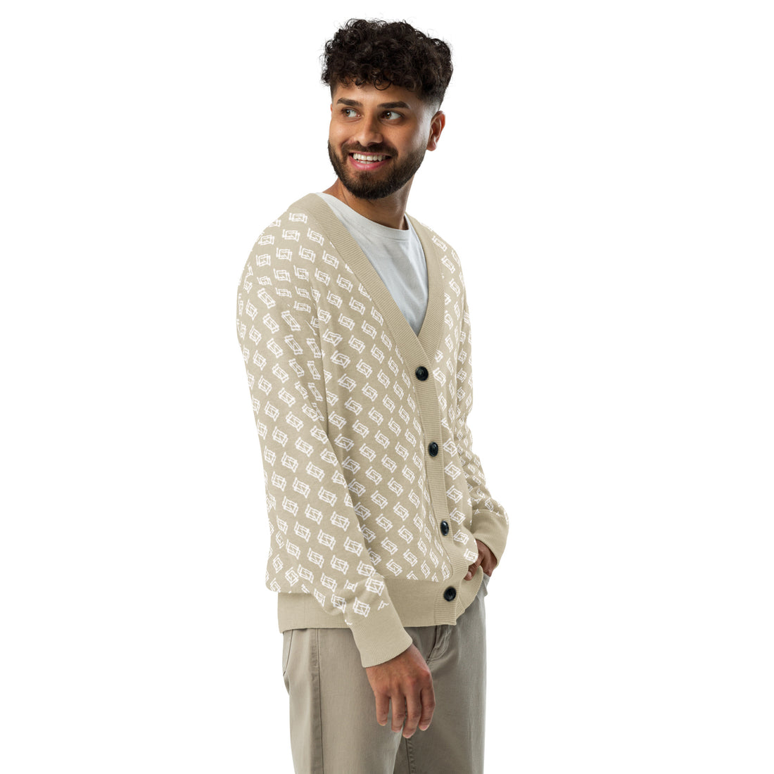 Cardigan de punto V-neck beige y blanco