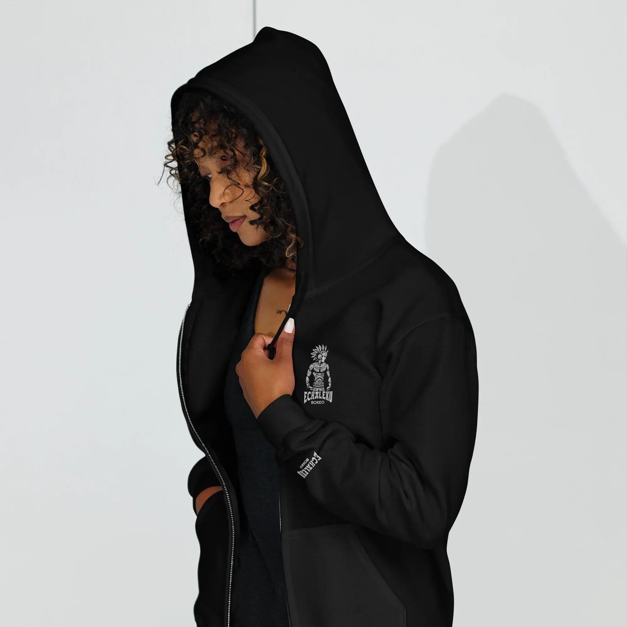 Sudadera Bordada Capucha Cremallera Unisex Indio Mexicano Boxeador - Echaleku Boxeo