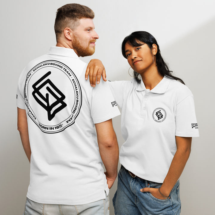 Polo algodón premium UNISEX Casual Echaleku Boxing Team Blanco y negro