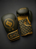 Guantes de boxeo V5 Military verdes y dorados, vista del dorso y la palma