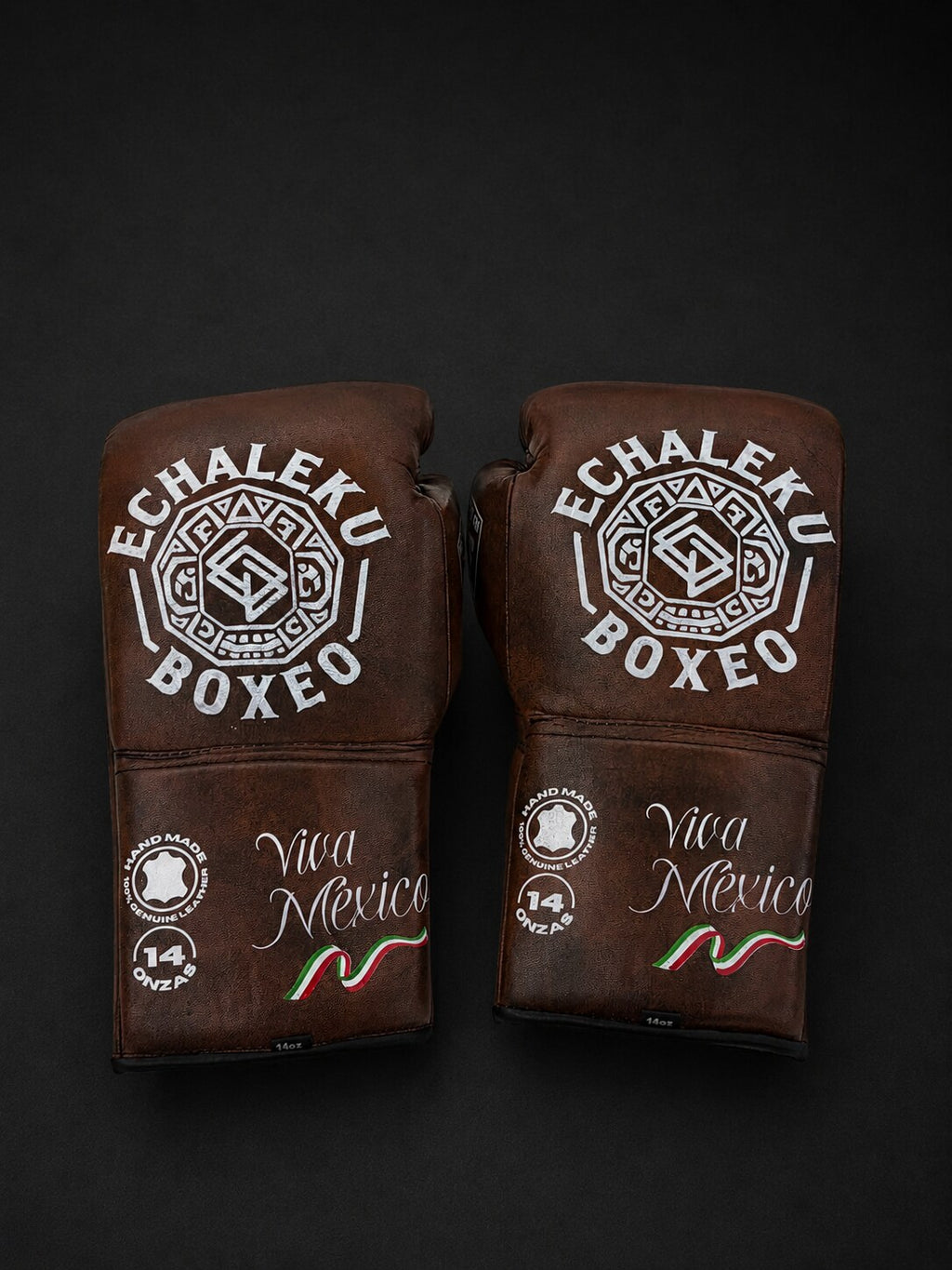 Guantes de boxeo de cuerdas Viva México Marrón, vista de los dorsos