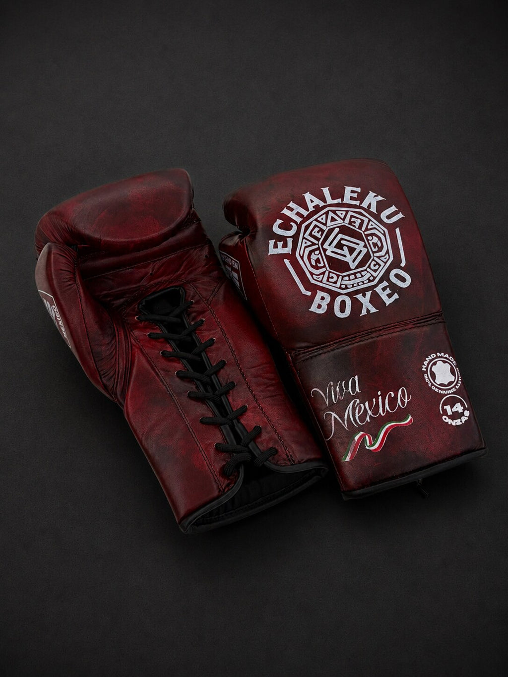 Guantes de boxeo de cuerdas Viva México Rojo, vista del dorso y el cierre
